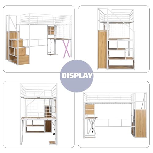 Full Size Loft Bed with Desk and Stairs,Metal Gaming Loft Bed Full with Wardrobe and Shelf, High Loft Bed with LED & USB Charging Station for Teens, Adults, Space Saving Design,Black