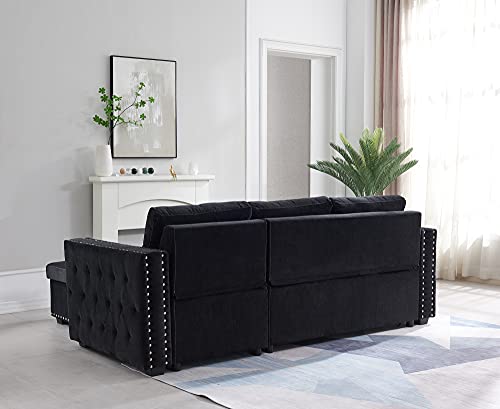 JULYFOX Black Sectional Sofa with Storage Chaise, Mid Century Modern Reversible L-Shaped Sleeper Sectional Sofa Bed Button Tufted Copper Nail Head Trim 90 inch Wide for Living Room Office