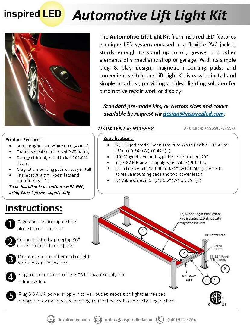 LED Lift Light Kit 15 Foot Set with 2 Light Strips Automotive Lift