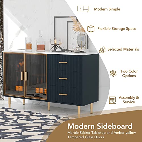 Sideboard Storage Cabinet, Modern 60'' Sideboard Large Storage Buffet Cabinet, Console Table Buffet Cabinet with Gold Metal Legs and Tempered Glass Doors for Living Room Kitchen Entryway (White)