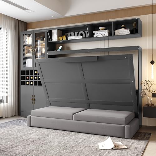 Merax Queen Size Murphy Bed Wall Bed with Sofa, Shelves, USB & Light - Space Saving Foldable Bed for Small Apartments, Grey
