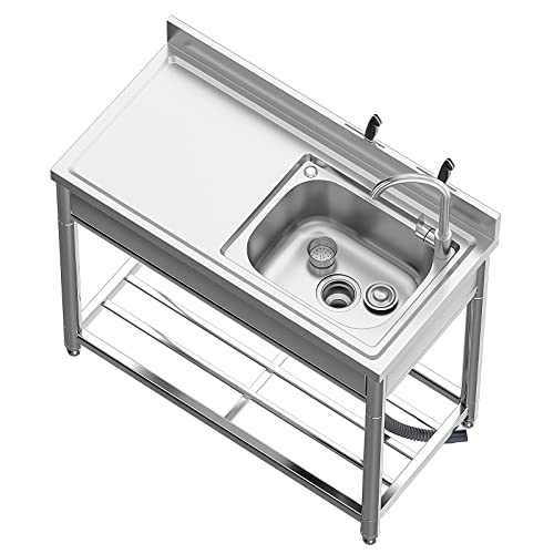 Free Standing Stainless-Steel Single Bowl Commercial Restaurant Kitchen Sink Set w/Faucet, Prep & Utility Washing Hand Basin w/Storage Shelve, laundry tub for Indoor Outdoor (22in)
