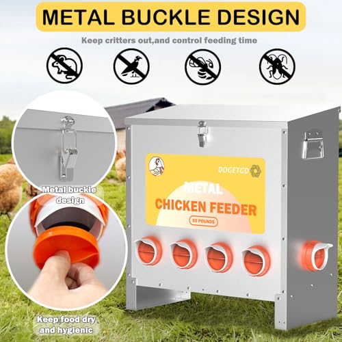 Automatic Chicken Feeder No Waste Metal Poultry Feeder Large Capacity 85lbs for Chickens, Geese, Ducks, Turkeys, Quails (10-Port)