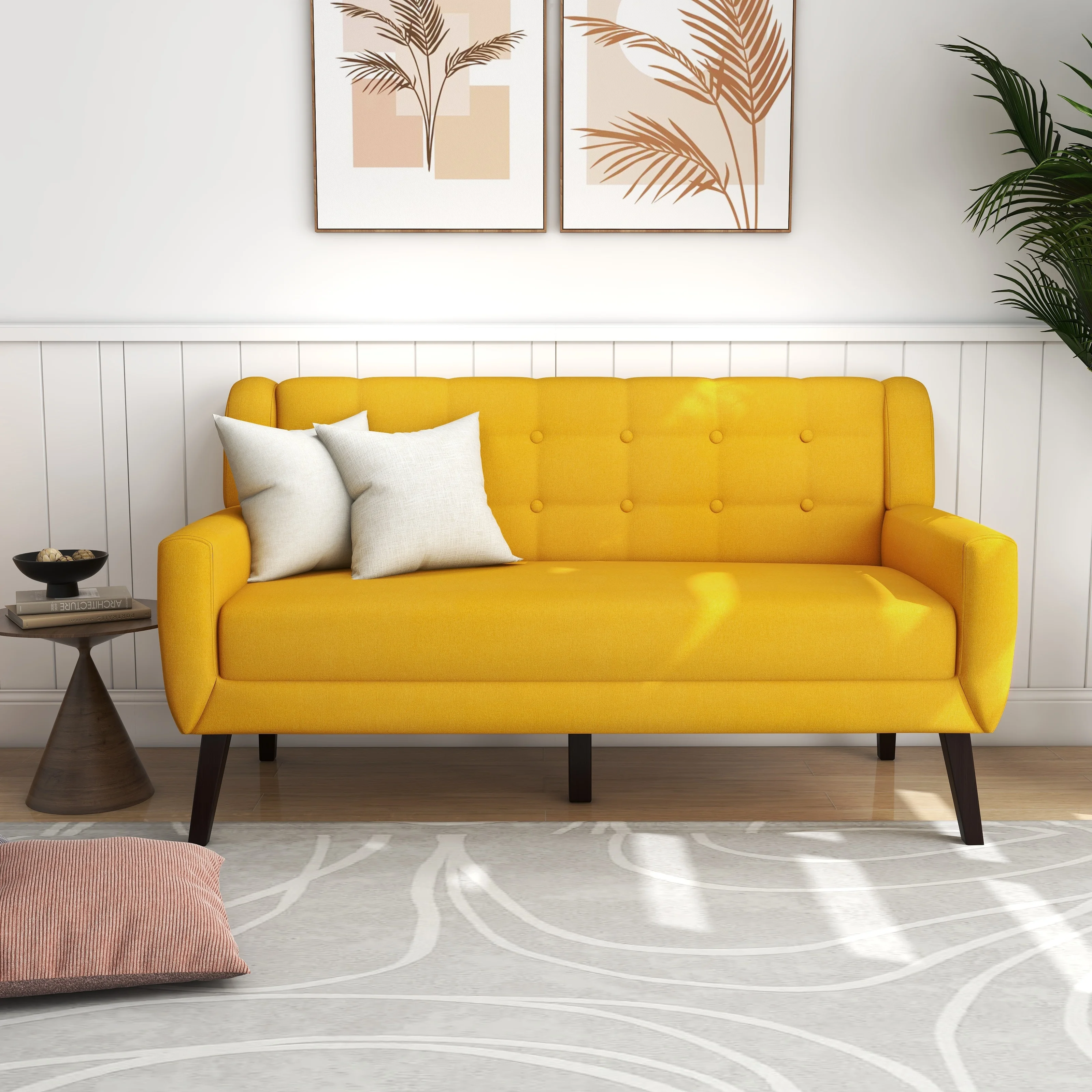 Tufted Linen/Cotton Loveseat with 2 Accent Chairs Yellow