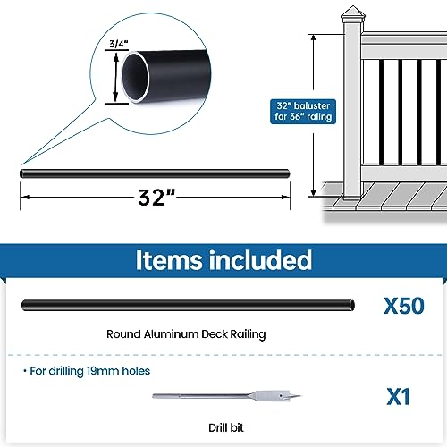 Muzata 50Pack 26" Aluminum Deck Balusters Round Black Deck Railing Stair Porch Staircase Spindles 3/4" Diameter Hollow for Wood and Composite Deck, WT02