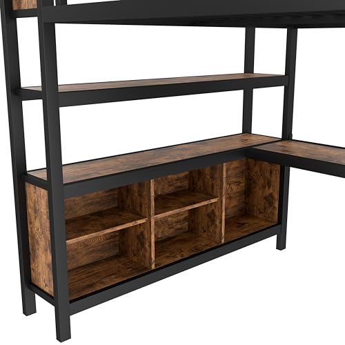 Linique Metal Loft Bed with Wardrobe & L-Shaped Desk - Sturdy Space-Saving Loft Bed Includes Storage Cubes, Shelves for Kids, Teens, Adults (White, Queen)