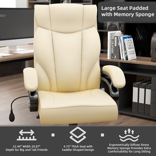 500LBS Big and Tall Executive Office Chair, Wide Seat Heavy Duty Leather Office Chair with Lumbar Support and Comfy Arms, Ergonomic High Back Computer Desk Chair for Home Office (Black)