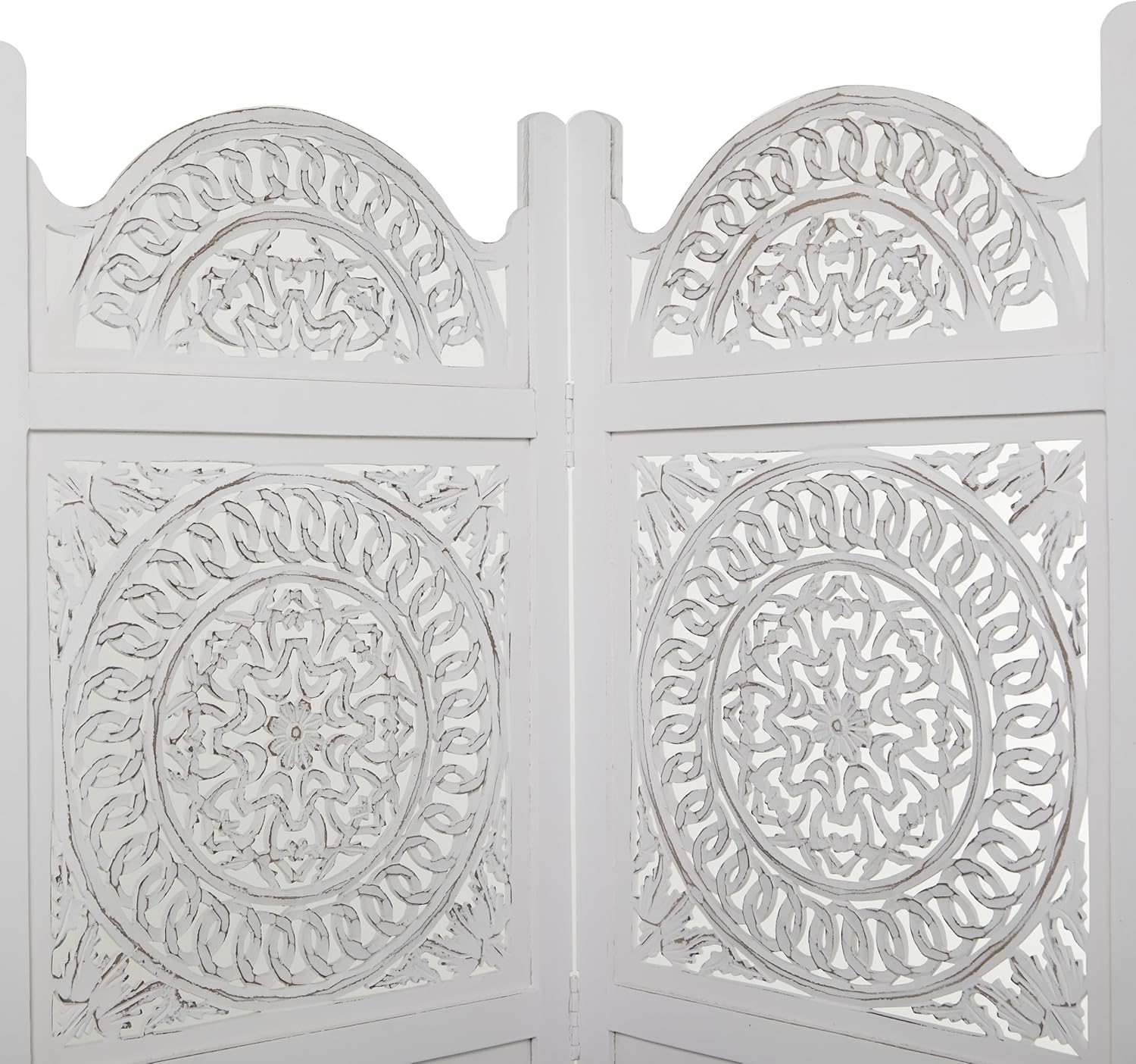 Deco 79 Wood Floral Handmade Partition Room Divider Screen Hinged Foldable Partition 3 Panel Privacy Screen with Intricately Carved Designs, Room Partition 60" x 1" x 72", White