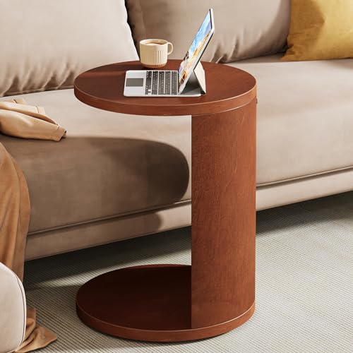 Tribesigns Solid Wood End Table, Set of 2, C-Shaped Round Side Table for Sofa, 2-Tier Couch Table for Small Space, Living Room, Easy Assembly, Walnut