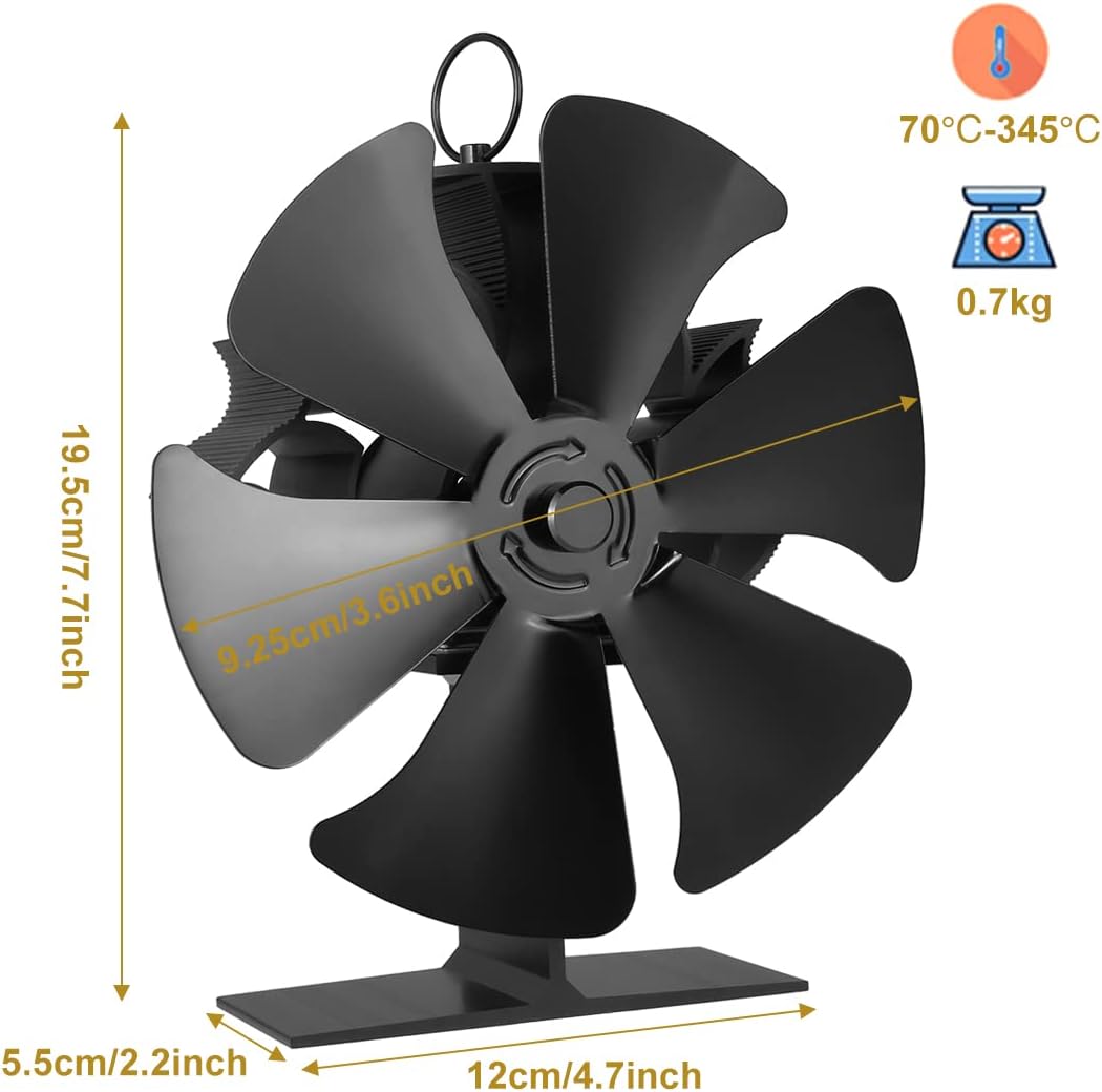 TEENGSE Heat Powered Wood Stove Fan 6 Blades with Thermometer, Silent Fireplace Top fan for Home Wood Burning Heater Burner Silent Eco-Friendly High Efficient Thermal Heat Distribution Accessory-Black Pack of 2