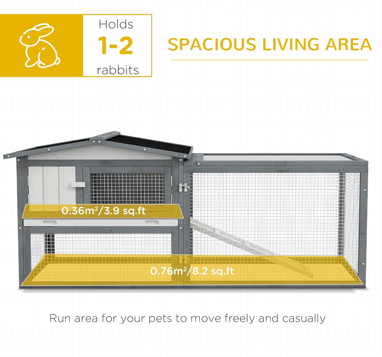 Large Rabbit Hutch Outdoor, 2-Tier 61" L Rabbit Cage with Run Feeding Trough Wooden Guinea Pig Hutch with Removable Tray, Ramp, Asphalt Roof, for 1-2 Rabbits, White