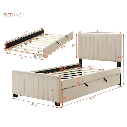 Harper & Bright Designs Platform Bed, Merax Twin Size Velvet Upholstered Bed Frame with Twin Size Trundle for Bedroom, Wood Slat Support, No Box Spring Needed, Easy Assembly, Beige