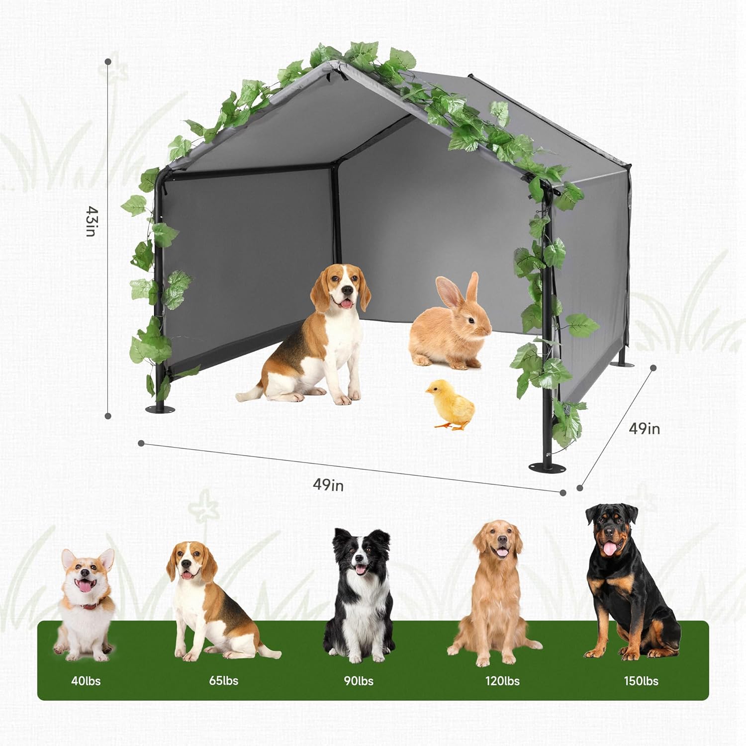 Dog Shade Shelter Outdoor Tent for Large Medium Dogs, Outside Sun Rain Canopy Pet House for Homeless Cats Pigs Livestock with Waterproof Roof Rainproof Cover & Artificial Grapevine Leaves