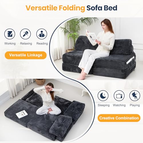 3 in 1 Folding Sofa Bed, Convertible Sleeper Chair with Pillow, Chair Bed with Back Support, Couches for Living Room, Foam Floor Mattress with Cushion, Single Size, Dark Grey