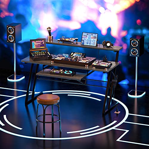 armocity 47'' Music Studio Desk with Power Outlet, Studio Desk for Music Production, Recording Studio Desk for Producer, Studio Workstation Desk for Music Recording, Piano Tray, Raised Stand, Oak