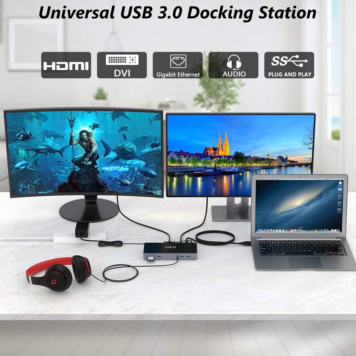 UOEOS USB 3.0 Universal Docking Station Dual Monitor for Windows, Chrome OS, Mac OS USB 3.0 HUB HDMI and DVI 3.5mm Audio Jack Port, SD TF Card Reader, Gigabit Ethernet, Audio&Mic,laptop docking sation