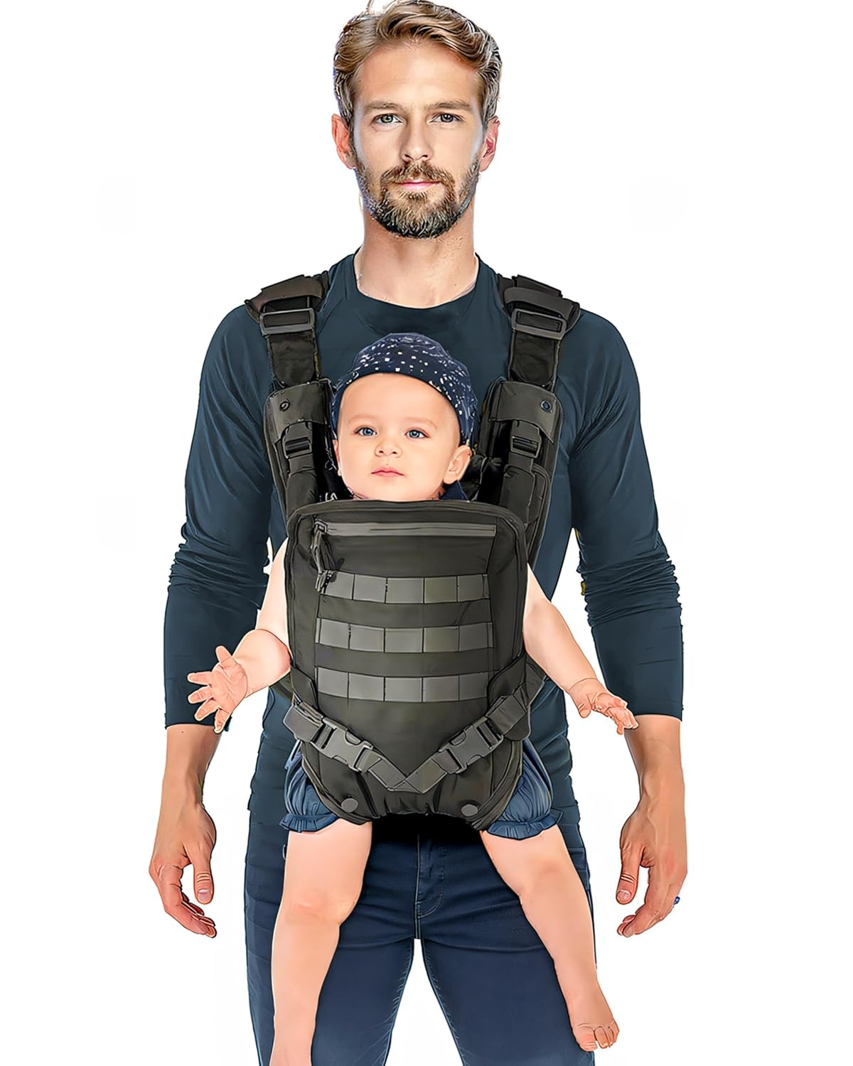 Safety-Certified Toddler and Baby Carrier - 1000D Nylon CozyOne Dad Baby Carrier with Full Back Support, Washable Liner, Sun Shade, and MOLLE system, Baby Carrier for 8-35 lbs (Black)