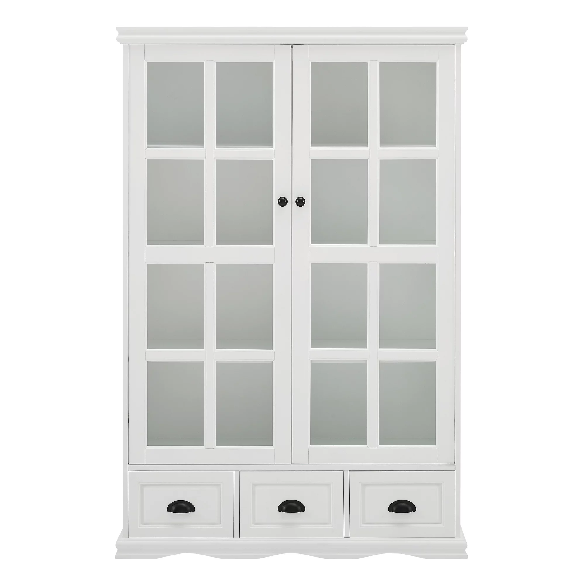 Storage Cabinet with Tempered Glass Doors Curio Cabinet with Adjustable Shelf Display Cabinet with Triple Drawers, White