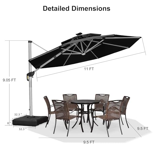 PURPLE LEAF 10ft Patio Umbrella With Base Solar powered LED Cantilever Umbrella with LED lights Windproof Outdoor Offset Umbrella for Garden Deck Pool Patio, Navy Blue