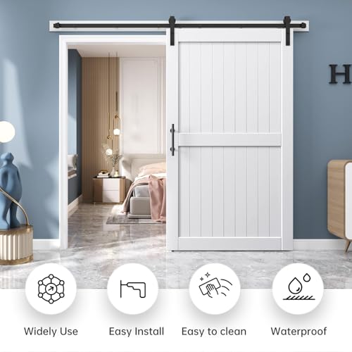 EaseLife 54 x 84 inch White Barn Door with 9FT Sliding Door Hardware Kit Included & Handle,Solid Wood Covered with Waterproof PVC Surface,DIY Assemblely,Easy Install,H-Frame,Fit 50-52in Wide Opening