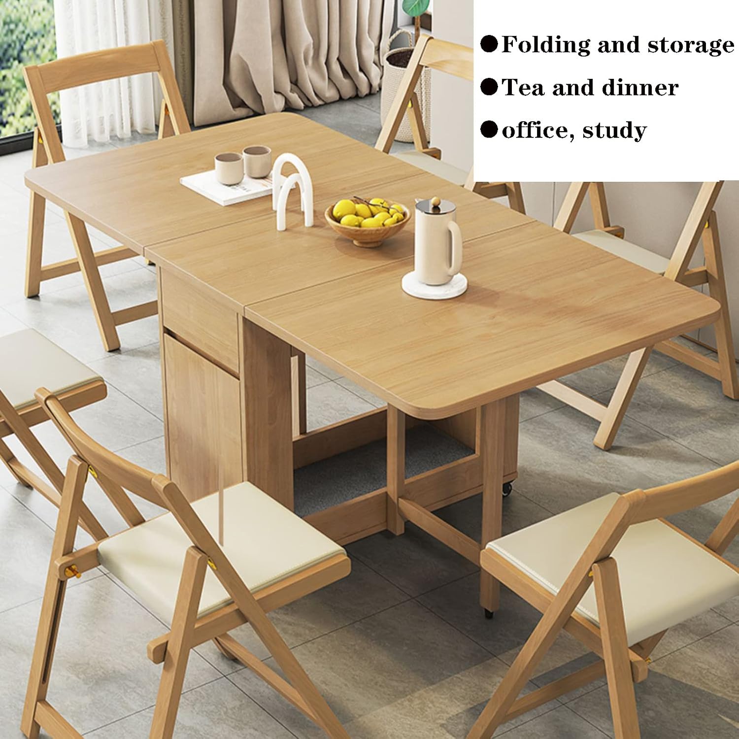 Extendable Dining Table, Solid Wood Drop Leaf Table, Folding Dining Table, Compact Dining Room Table with Storage Drawer, Space Saving Versatile Kitchen Table, 1.4M