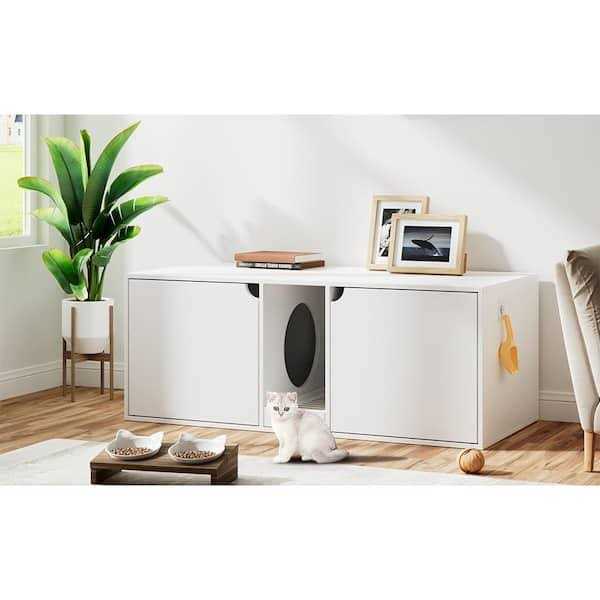 FUFU&amp;GAGA White Wood Side End Table Cat Litter Box with Double Room - Pet Supplies online store