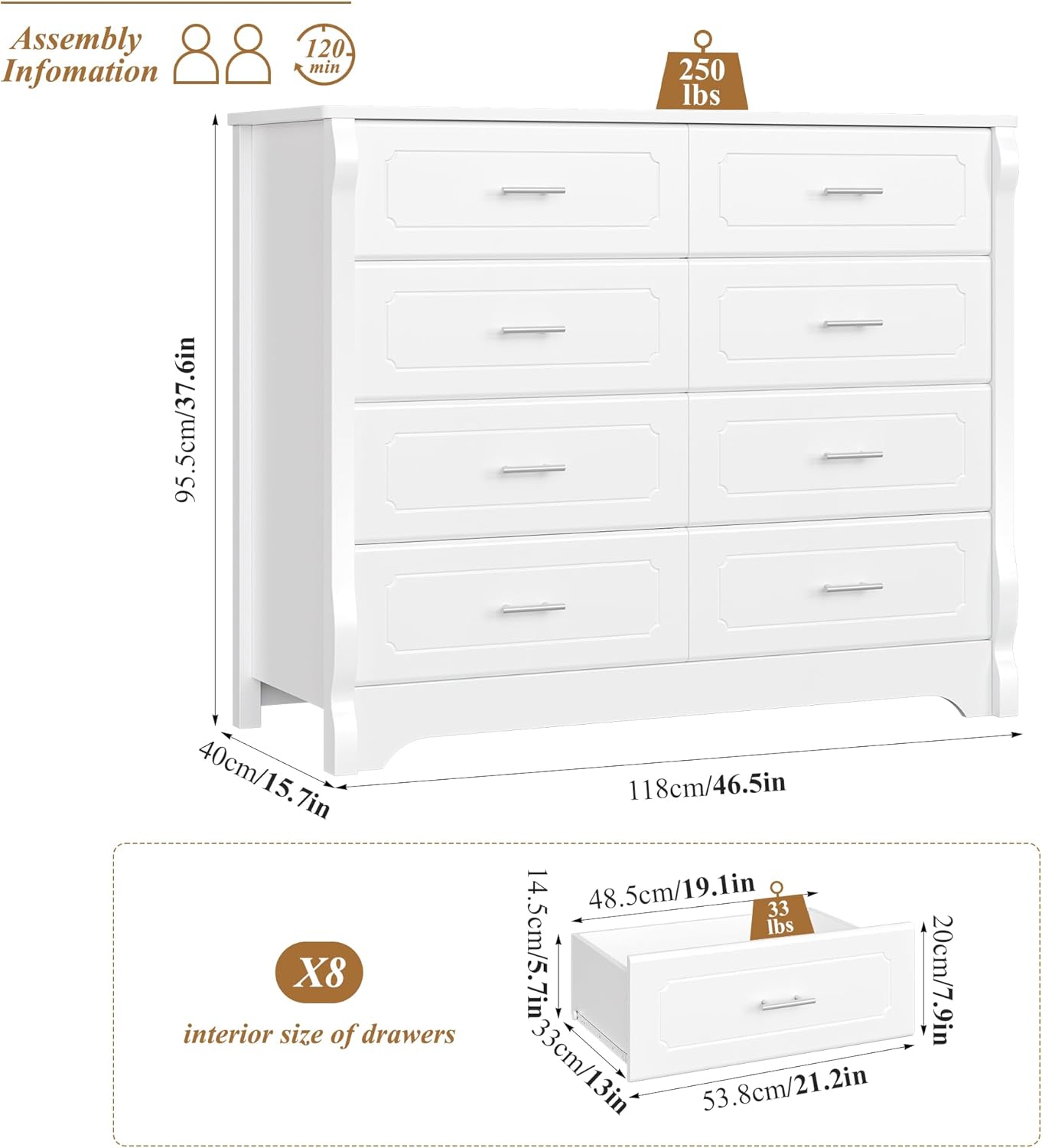 HITHOS 8 Drawer Dresser for Bedroom, White Dresser, 47" Wood Dresser & Chest of Drawers, Modern Double Storage Dresser Cabinet with Deep Drawers | Metal Handles for Living Room, Hallway, Entryway