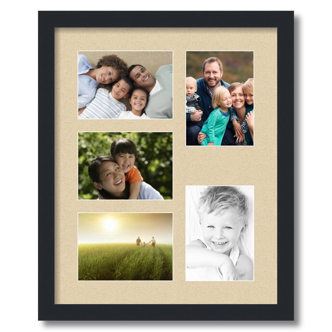 Collage Picture Frame, Satin Black Frame with 5 openings for 5x7 Photos with Grey Seaside Mat. D3926GH257 , ArtToFrames
