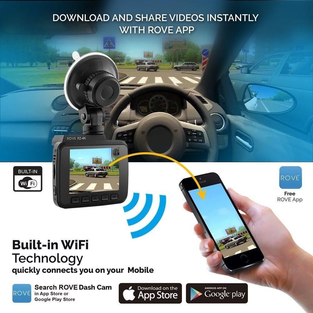Rove R2-4K Car Dash Cam - 4K Ultra HD 2160p - Built-In WiFi u0026 GPS, PA