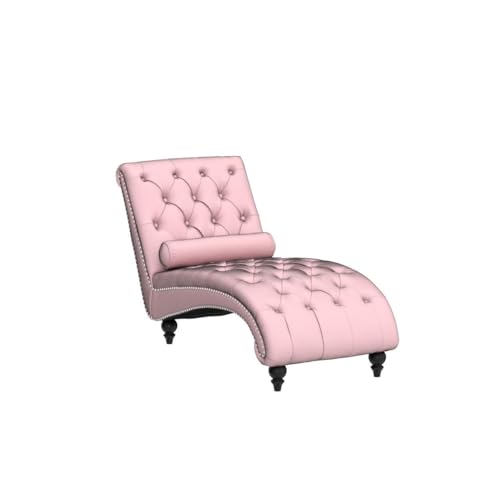 Chaise Lounge Chair Indoor, Modern Button Tufted Velvet Upholstered Leisure Accent Chair with Solid Wood Legs & Lumbar Pillow, Recliner Sofa Single Sleeper Sofa for Living Room, Bedroom, Pink