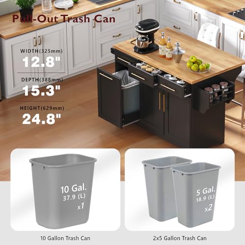 59.3" Rolling Kitchen Island on Wheels with Trash Can Storage Cabinet, Island Table for Kitchen with Power Outlet, Kitchen Cart with Drop Leaf and Internal Storage Rack (Black)