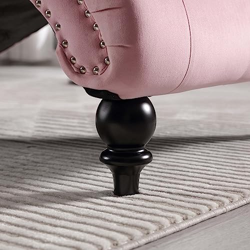 Chaise Lounge Chair Indoor, Modern Button Tufted Velvet Upholstered Leisure Accent Chair with Solid Wood Legs & Lumbar Pillow, Recliner Sofa Single Sleeper Sofa for Living Room, Bedroom, Pink