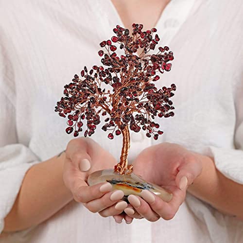 KARMA AND LUCK, Strength & Growth Real Chakra Crystal Feng Shui Tree Home Décor, Wrapped in Copper Wire on Agate Base, Handmade in Bali, Medium 8”