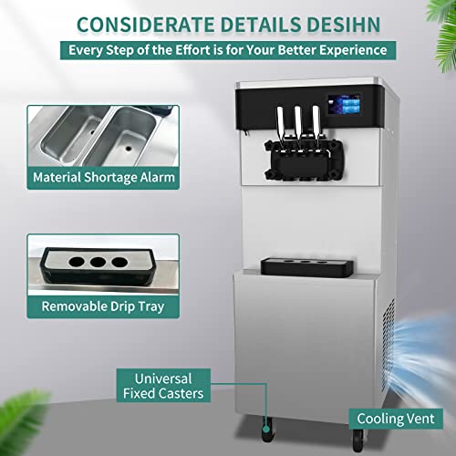 Commercial Ice Cream Maker Machine - 3 Flavors Soft Serve Ice Cream Machine, 5.3 to 7.4 Gallons Per Hour, Auto Clean LED Panel, for Bars, Restaurants and Other Establishments