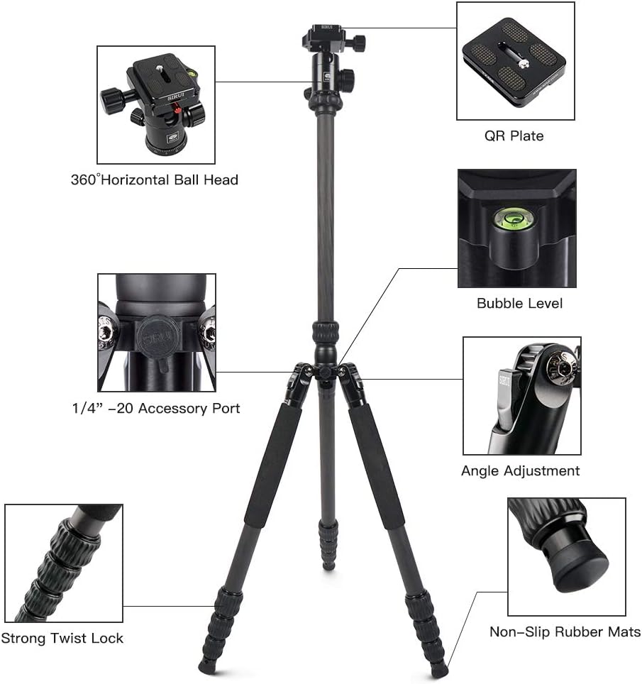 SIRUI Traveler 7C Camera Tripod 65.55 inches Carbon Fiber Arca Tripod with E-10 360° Panorama Ball Head and Arca Swiss Quick Release Plate Load Capacity Up to 17.6lbs, Convertible to Monopod