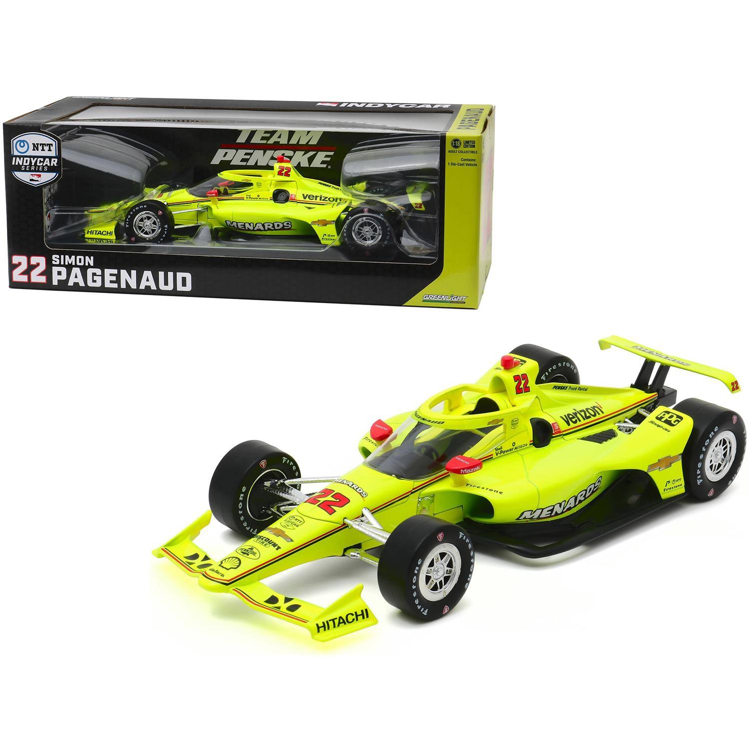 Dallara IndyCar #22 Simon Pagenaud Menards Team Penske NTT IndyCar Series (2020) 1/18 Diecast Model Car by Greenlight