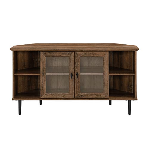 Walker Edison Modern Wood Corner Universal TV Stand with Open Shelves Glass Cabinet Doors Storage for TV's up to 55" Flat Screen Living Room Storage Entertainment Center, 48 Inch, Rustic Oak