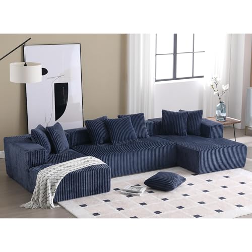 131" Modular Sectional Couch, Comfy Corduroy Striped Fabric Floor Sofa, Luxury U-Shape Sectional Sofa with Chaise Lounge, Free Combination Sleeper Sofa for Living Room, Apartment, Beige