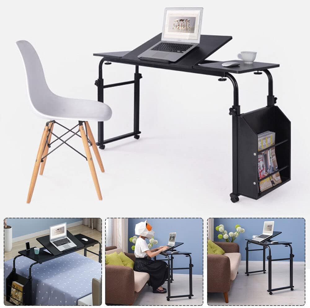 Cross-Bed Stretchable Overbed Tables,Laptop Desk with Wheels,Bed Tables Adjustable Height and Length Over The Bed,with Adjustable tilt Table top and Storage Storage