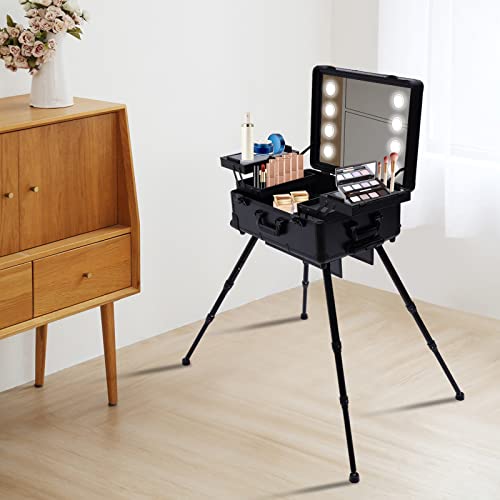 Cosmetic Train Cases Portable Makeup Case Salon Cosmetic Organizer w/Drawbar 4 Rolling Wheels &Mirror Makeup Train Case Professional Artist Trolley Studio Free Standing Case (black)