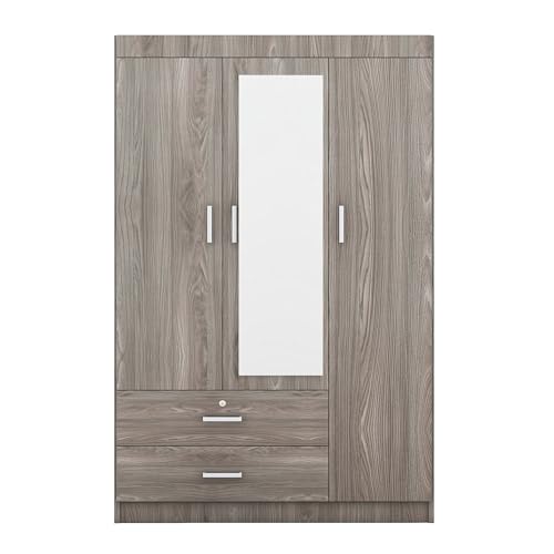 3 Doors Wardrobe Armoire with Mirror, Modern Wood Armoire Wardrobe Cabinet with Shelves & Hanging Rod, Bedroom Armoire Clothes Organizer (Gray-3G)