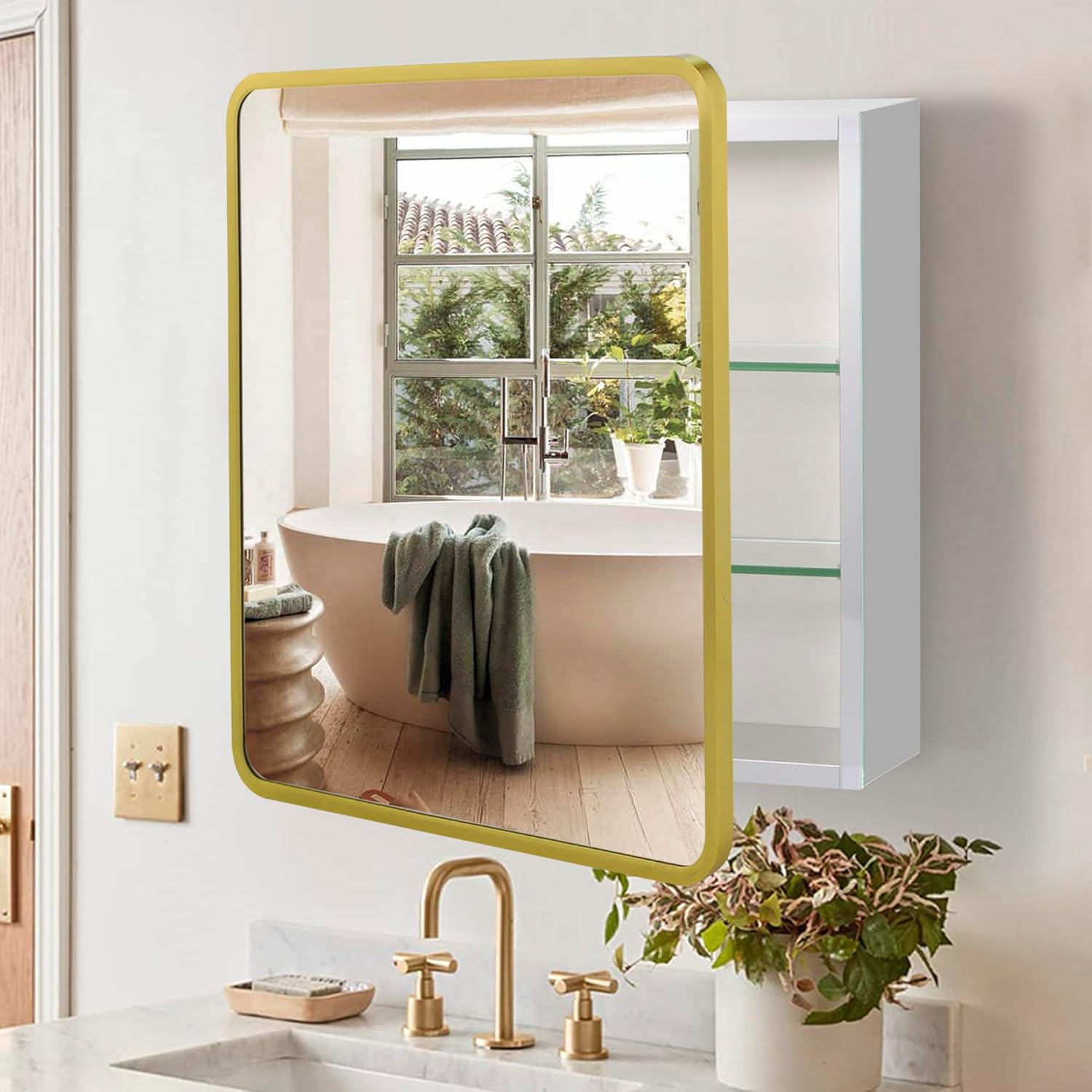 Movo Gold Bathroom Medicine Cabinet Mirror,24 inch X 22 inch Wall Mounted or Recessed Medicine Cabinet,Adjustable Glass Shelves, Waterproof and Rust-Resist Mirror Medicine Cabinet