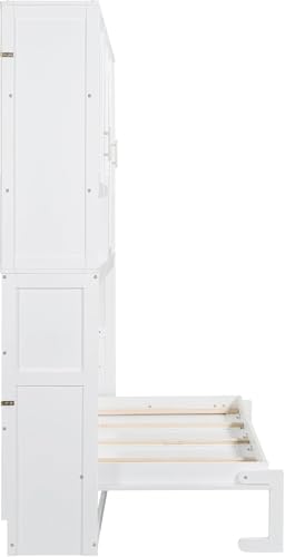 MERITLINE Twin Horizontal Murphy Bed with Storage Cabinet, LED Light and Charging Station,Wood Folding Murphy Wall Bed Cabinet with Bookcase and Shelves for Adult (White)