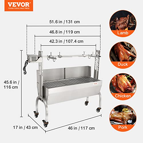VEVOR Stainless Steel Rotisserie Grill, BBQ Whole Pig Lamb Goat Charcoal Spit Grill, Electric 50W Motor BBQ Hog Rotisserie Roaster, 46 Inch 90 Lbs Capacity Lamb Rotisserie System for Camping Outdoor