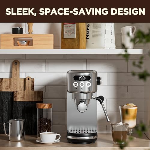 Neretva 20 Bar Espresso Machine, Super Compact Espresso Maker with LED Display & Milk Frother for Home Barista Stainless Steel Professional Coffee Machine Espresso Latte and Cappuccino Maker
