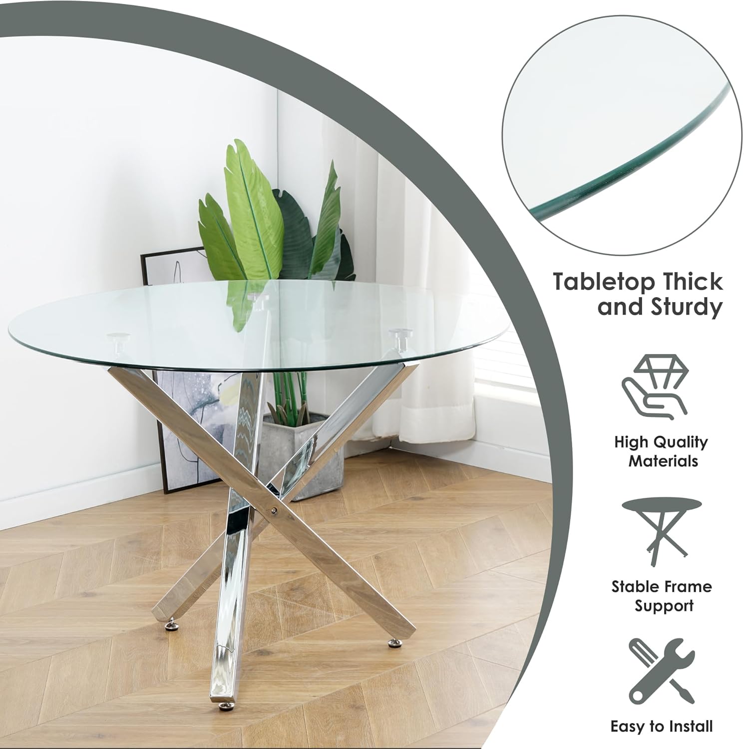 RGZ Round Glass Dining Table Set for 4, Mid Century Modern Circle Dining Room Table Set, 40'' Small Circular Glass Top Dining Set,5 Pcs Kitchen Table Set with Beige PU Faux Leather Chairs (Silver)