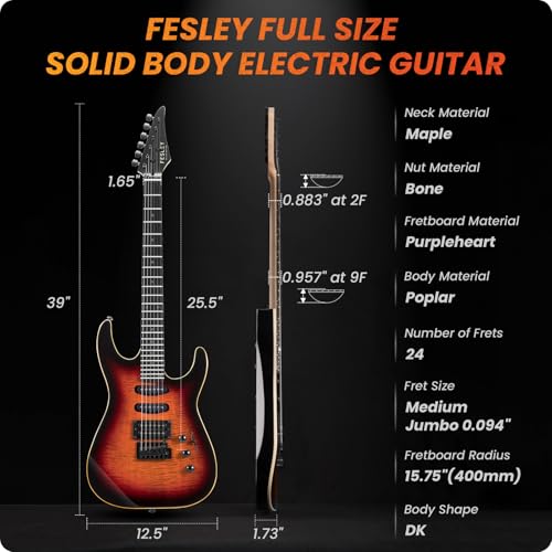 39" Solid Body Electric Guitar: Electric Guitar Kit with Bone Nut, Full Size 6 String Guitars with 24 Frets, Poplar Body AAA Flame Maple Top, Guitarra Electrica with HSS Ceramic Pickup,Black