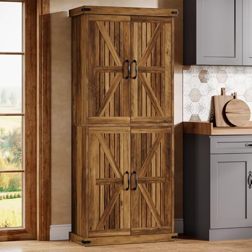 Tribesigns 71" Tall Kitchen Pantry, Farmhouse Storage Cabinet with Barn Doors and Adjustable Shelves, Rustic Wooden Cupboard for Kitchen, Dining Room, Brown