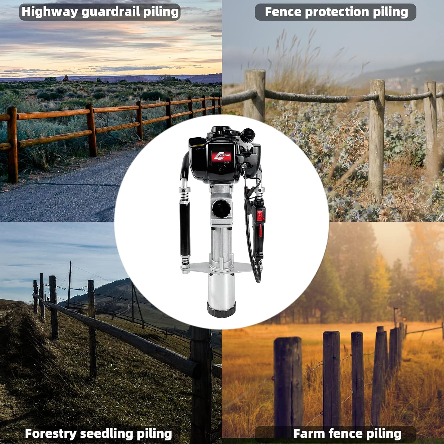 Gas Powered 4-Stroke T Post Driver Hammer Drills, 37.7CC Gasoline Engine Pile Driver, Air Cooling Single Cylinder Gasoline Petrol Garden Fencing Tool Machine with 2 Post Driving Head