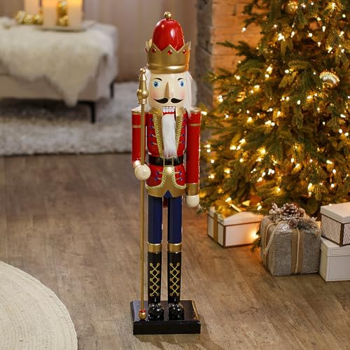 Fun Express 3 Ft. Large Classic Green Wooden Holiday Nutcracker with Scepter, Festive Christmas Decoration